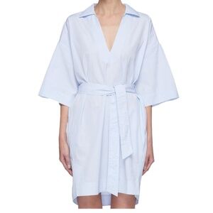 FRAME "Channing" Open Collar V-Neck Blue Belted Shirt Dress Sz Small Cotton